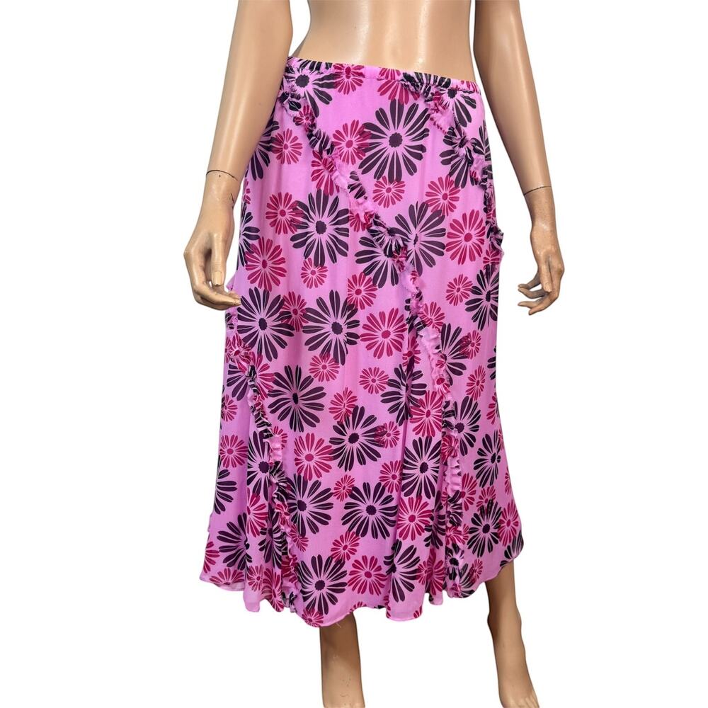 Silk Floral Bias Cut Midi Skirt Size 12 Frayed Seam Detail Romantic Feminine
